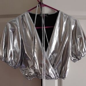 Silver Metallic Wrap Top